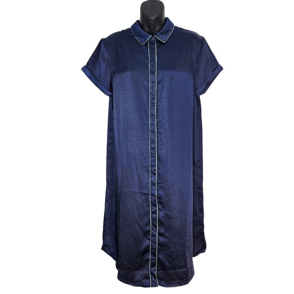 Wildfang Dresses & Skirts - Wildfang NWOT Empower Satin Shirt Dress XS Navy Blue Short Sleeve Midi WD8211‎